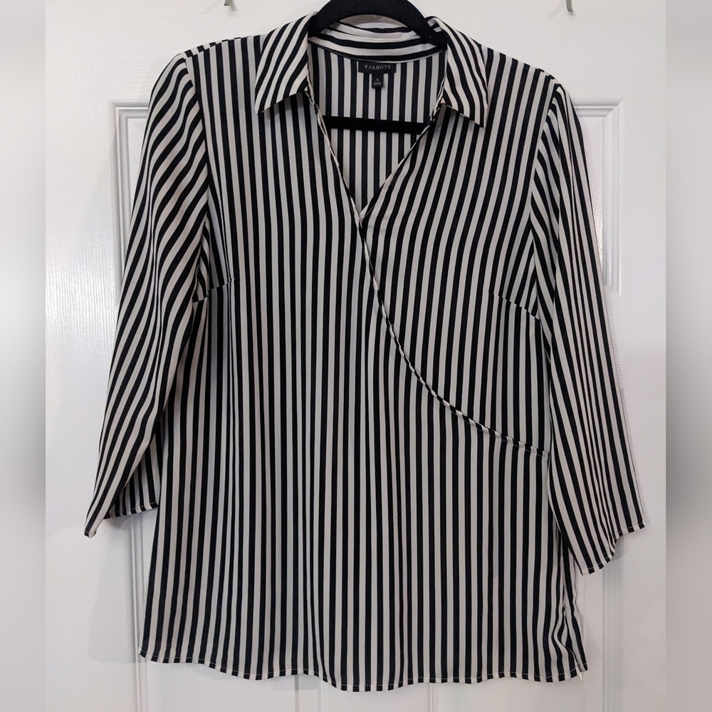 TALBOTS Faux Wrap Striped 3/4 Sleeve Top